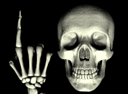 An animated skull and skeleton hand flexing its index finger
