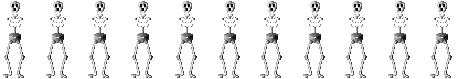 A line of animated skeletons doing a demi-plie