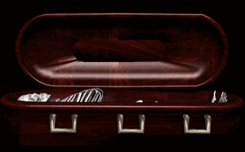 An animated skeleton in a casket that sits up, looks towards the screen, and lies down again