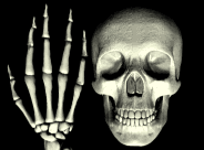 An animated skull and skeleton hand giving the middle finger